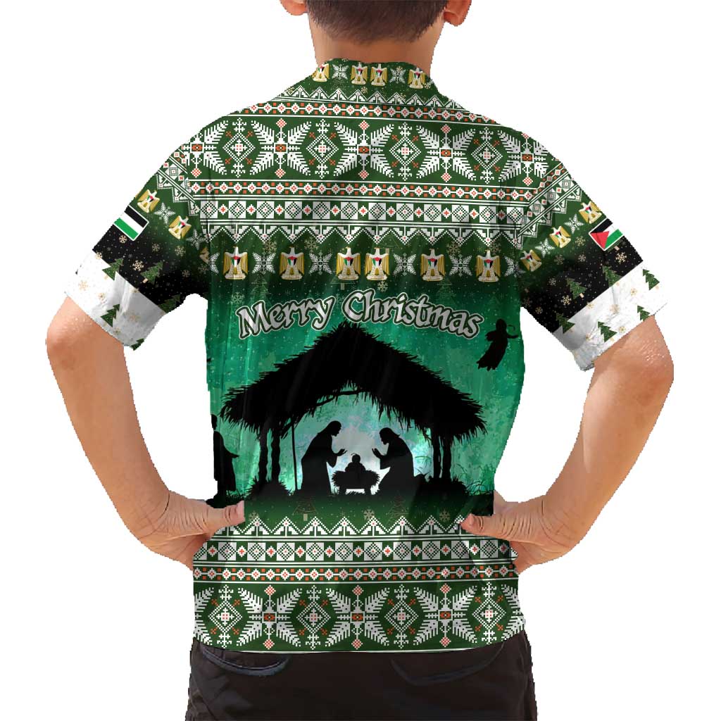 Palestine Christmas Family Matching Summer Maxi Dress and Hawaiian Shirt with Green-White Theme, Tree Ornaments, and Nativity Scene Motif - Wonder Print Shop