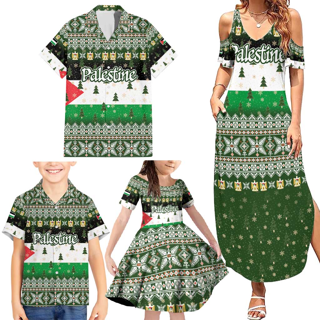 Palestine Christmas Family Matching Summer Maxi Dress and Hawaiian Shirt with Green-White Theme, Tree Ornaments, and Nativity Scene Motif - Wonder Print Shop