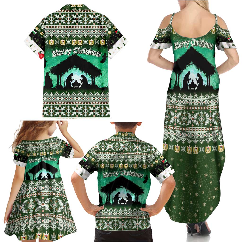 Palestine Christmas Family Matching Summer Maxi Dress and Hawaiian Shirt with Green-White Theme, Tree Ornaments, and Nativity Scene Motif - Wonder Print Shop