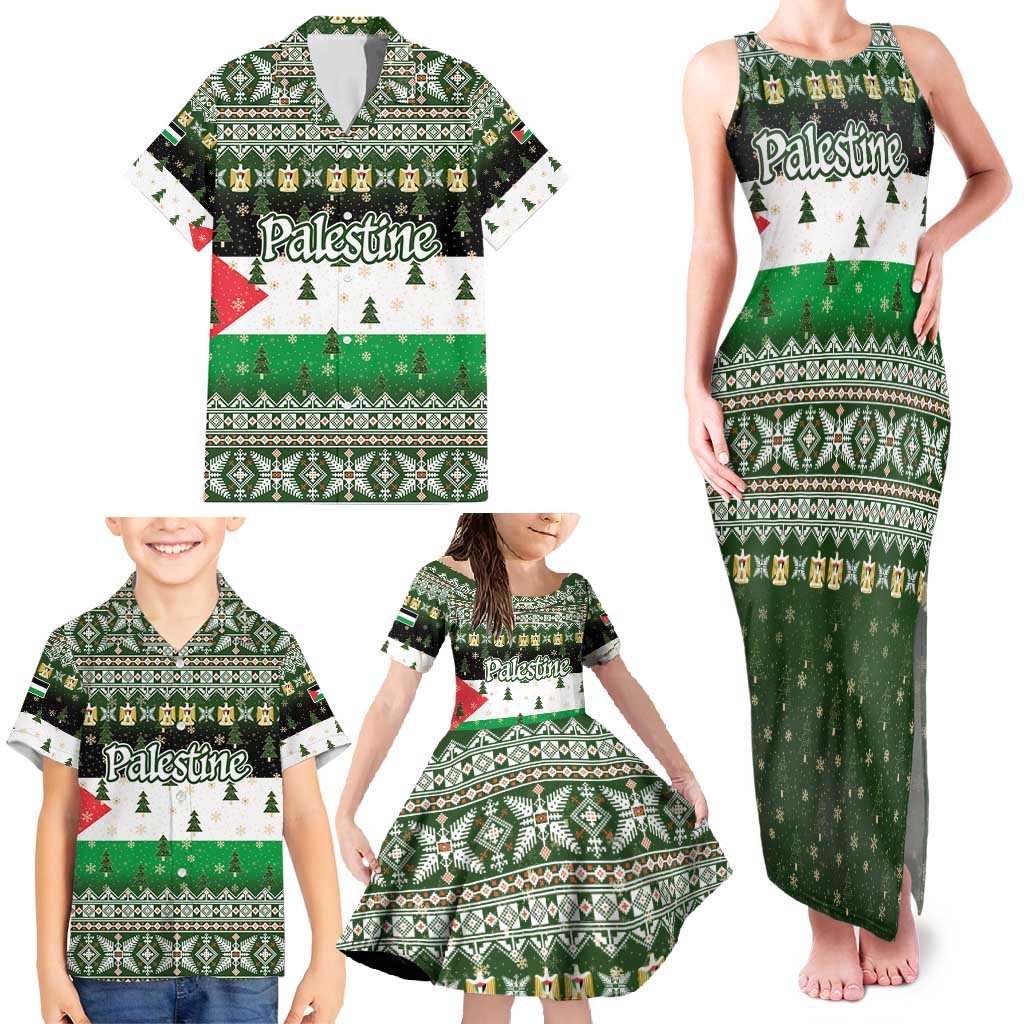 Palestine Christmas Family Matching Tank Maxi Dress and Hawaiian Shirt with Green-White Theme, Tree Ornaments, and Nativity Scene Motif - Wonder Print Shop