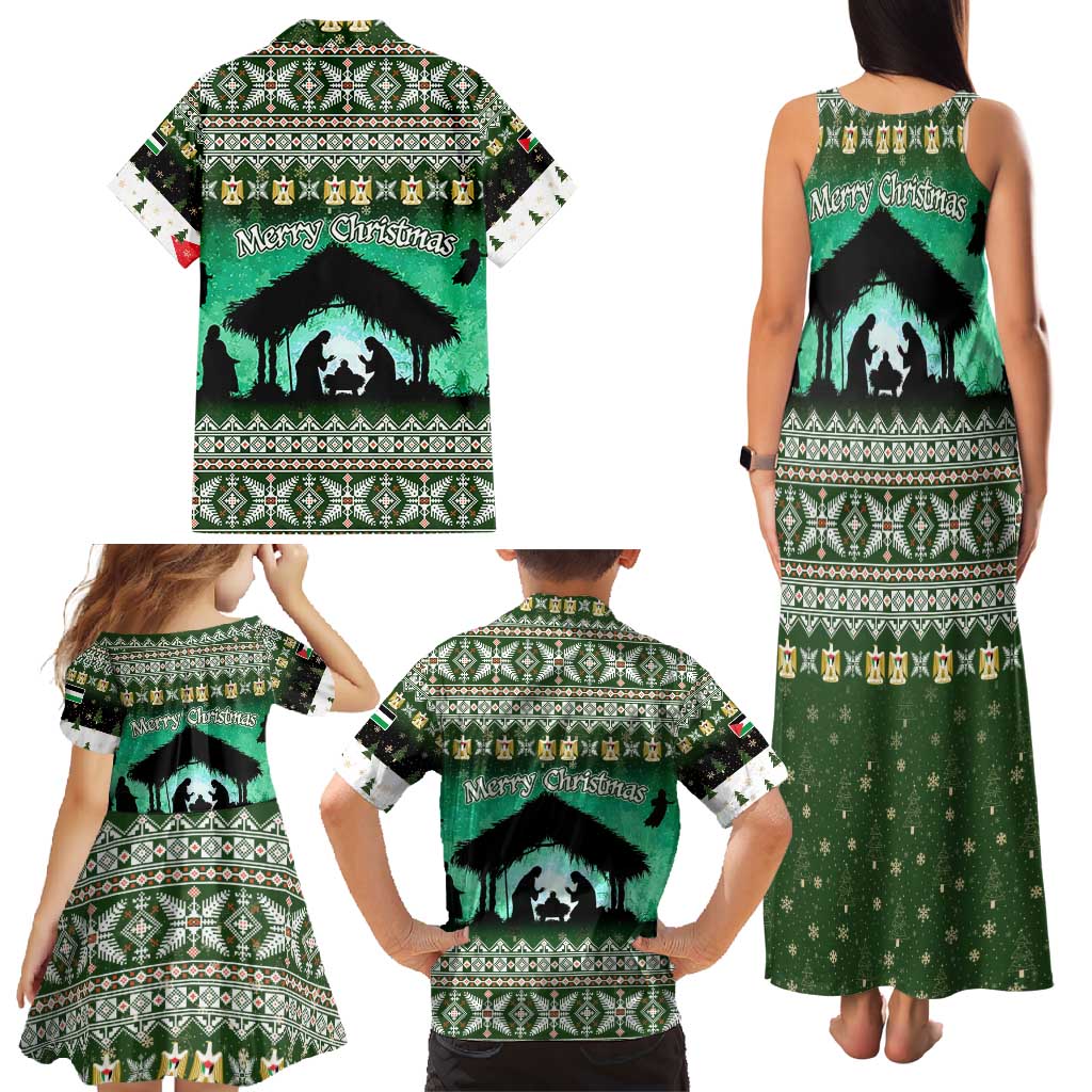 Palestine Christmas Family Matching Tank Maxi Dress and Hawaiian Shirt with Green-White Theme, Tree Ornaments, and Nativity Scene Motif - Wonder Print Shop