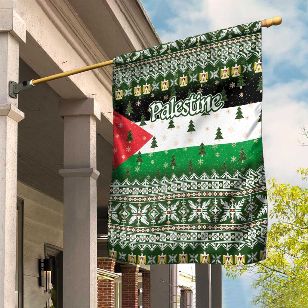 Palestine Christmas Garden Flag with Green-White Theme, Tree Ornaments, and Nativity Scene Motif - Wonder Print Shop