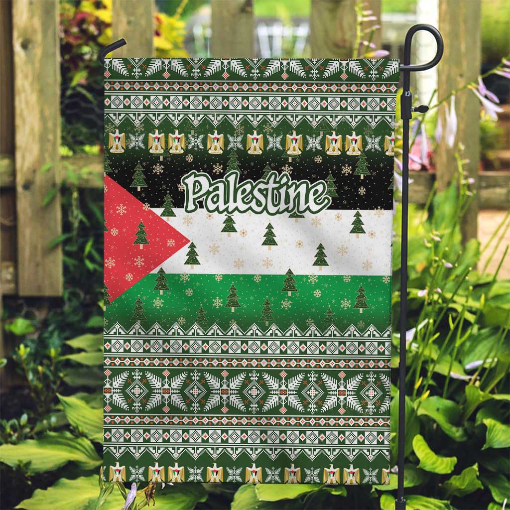 Palestine Christmas Garden Flag with Green-White Theme, Tree Ornaments, and Nativity Scene Motif - Wonder Print Shop
