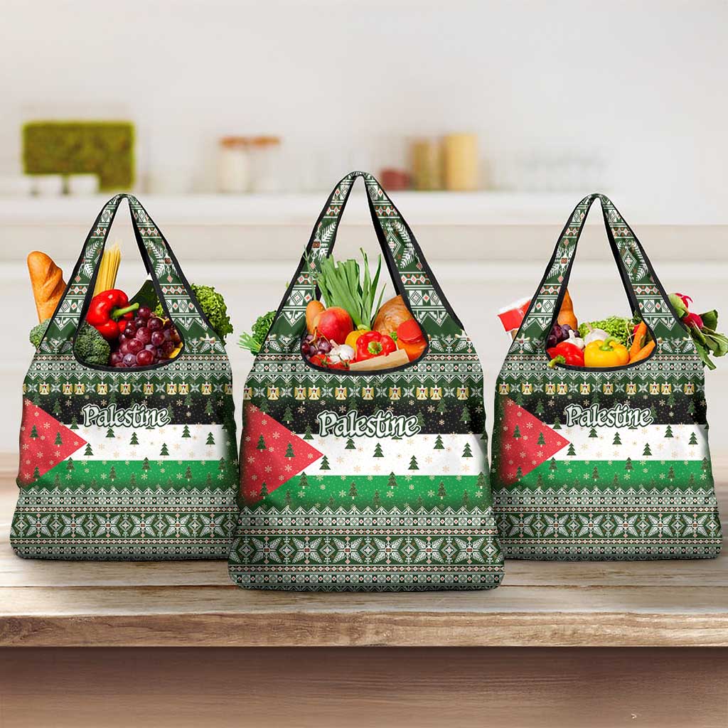 Palestine Christmas Grocery Bag with Green-White Theme, Tree Ornaments, and Nativity Scene Motif - Wonder Print Shop