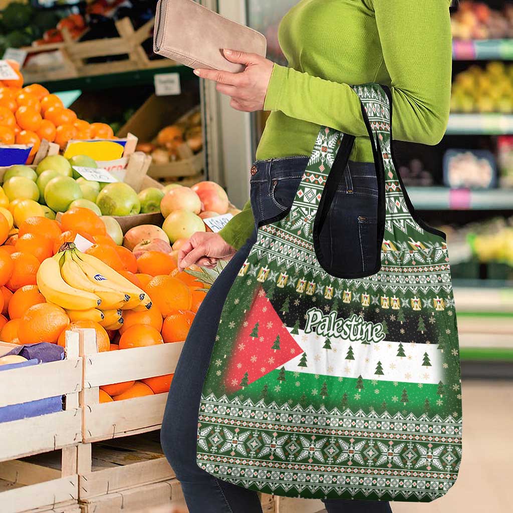 Palestine Christmas Grocery Bag with Green-White Theme, Tree Ornaments, and Nativity Scene Motif - Wonder Print Shop