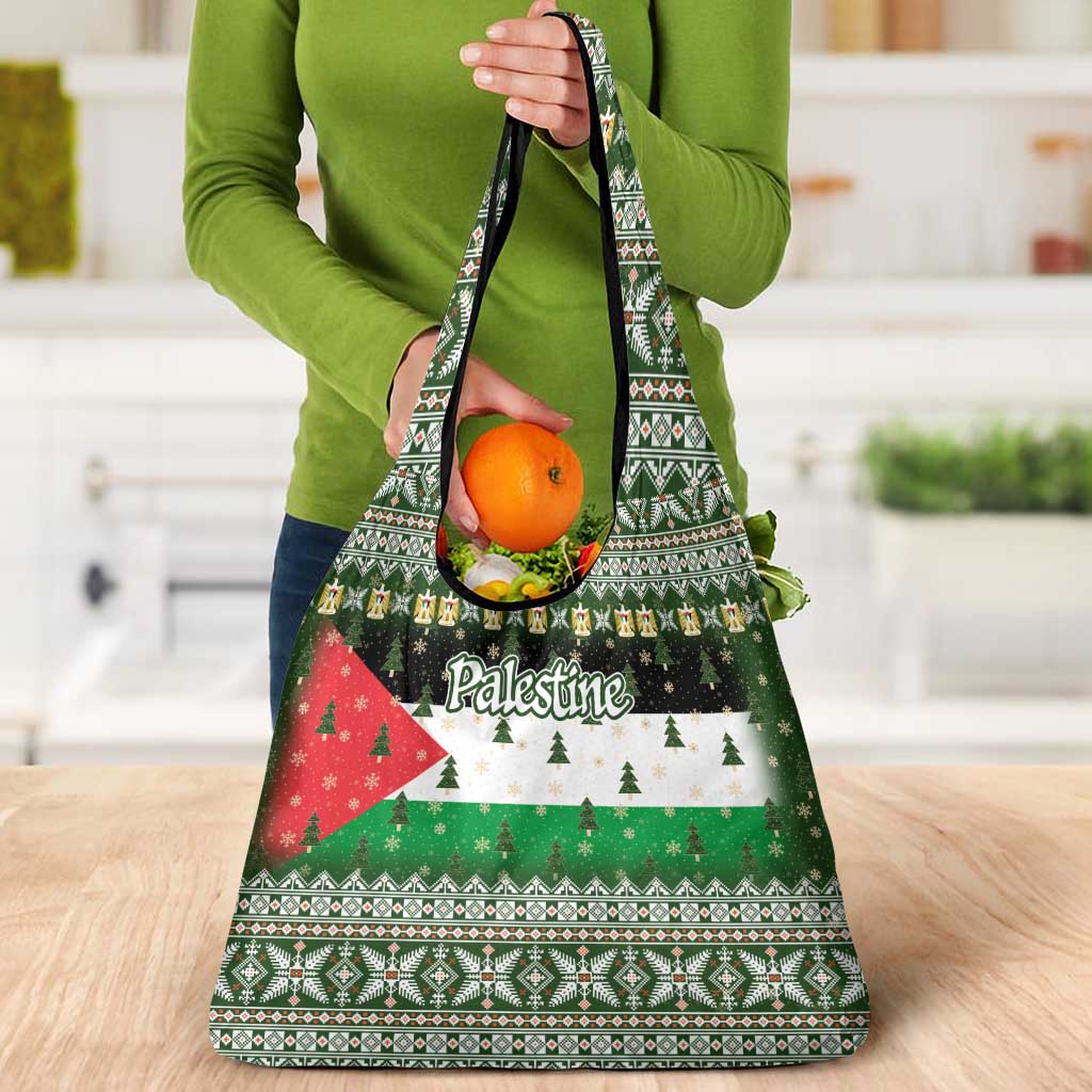 Palestine Christmas Grocery Bag with Green-White Theme, Tree Ornaments, and Nativity Scene Motif - Wonder Print Shop