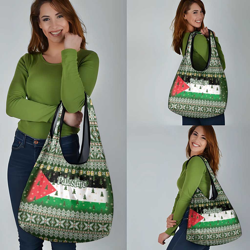 Palestine Christmas Grocery Bag with Green-White Theme, Tree Ornaments, and Nativity Scene Motif - Wonder Print Shop