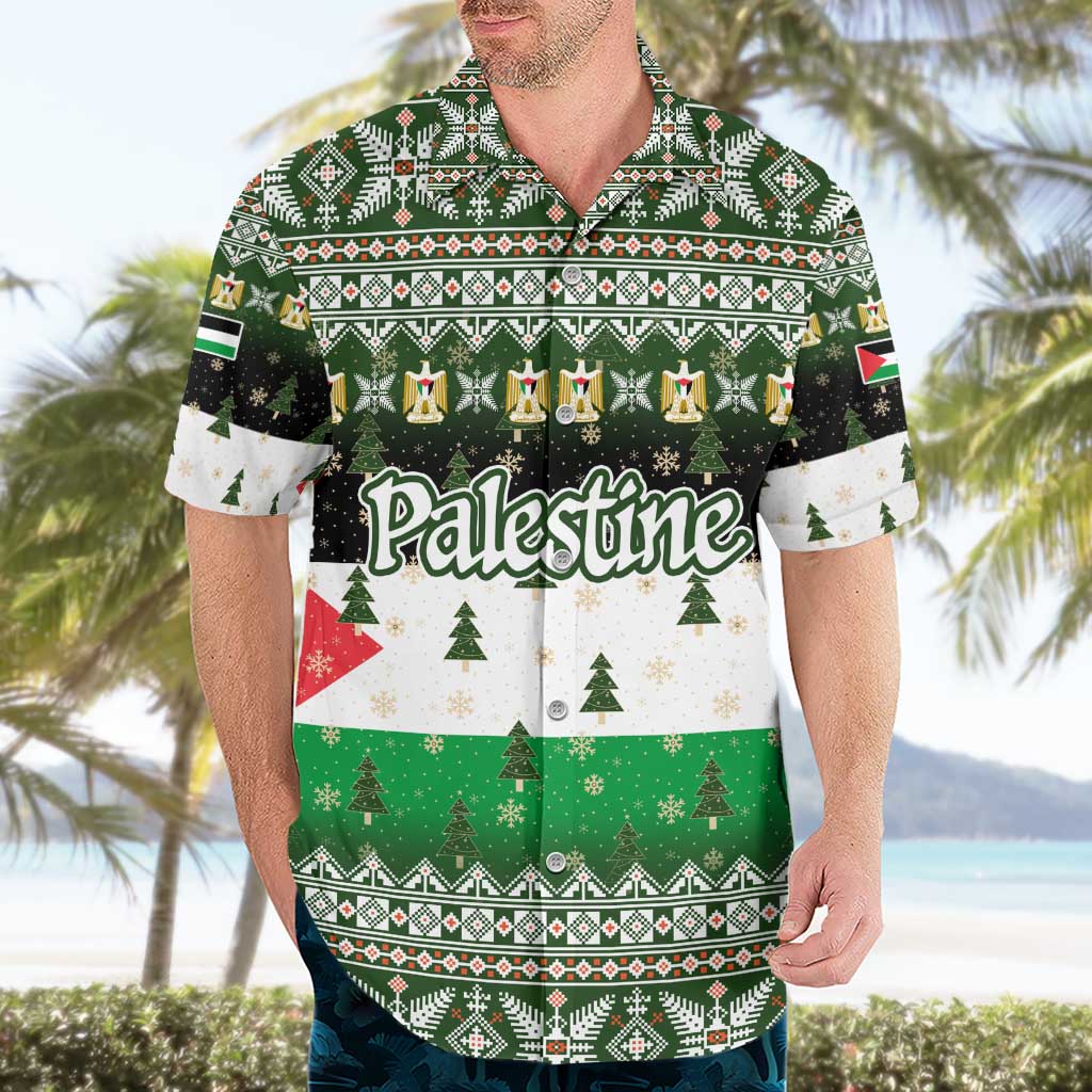 Palestine Christmas Hawaiian Shirt with Green-White Theme, Tree Ornaments, and Nativity Scene Motif - Wonder Print Shop