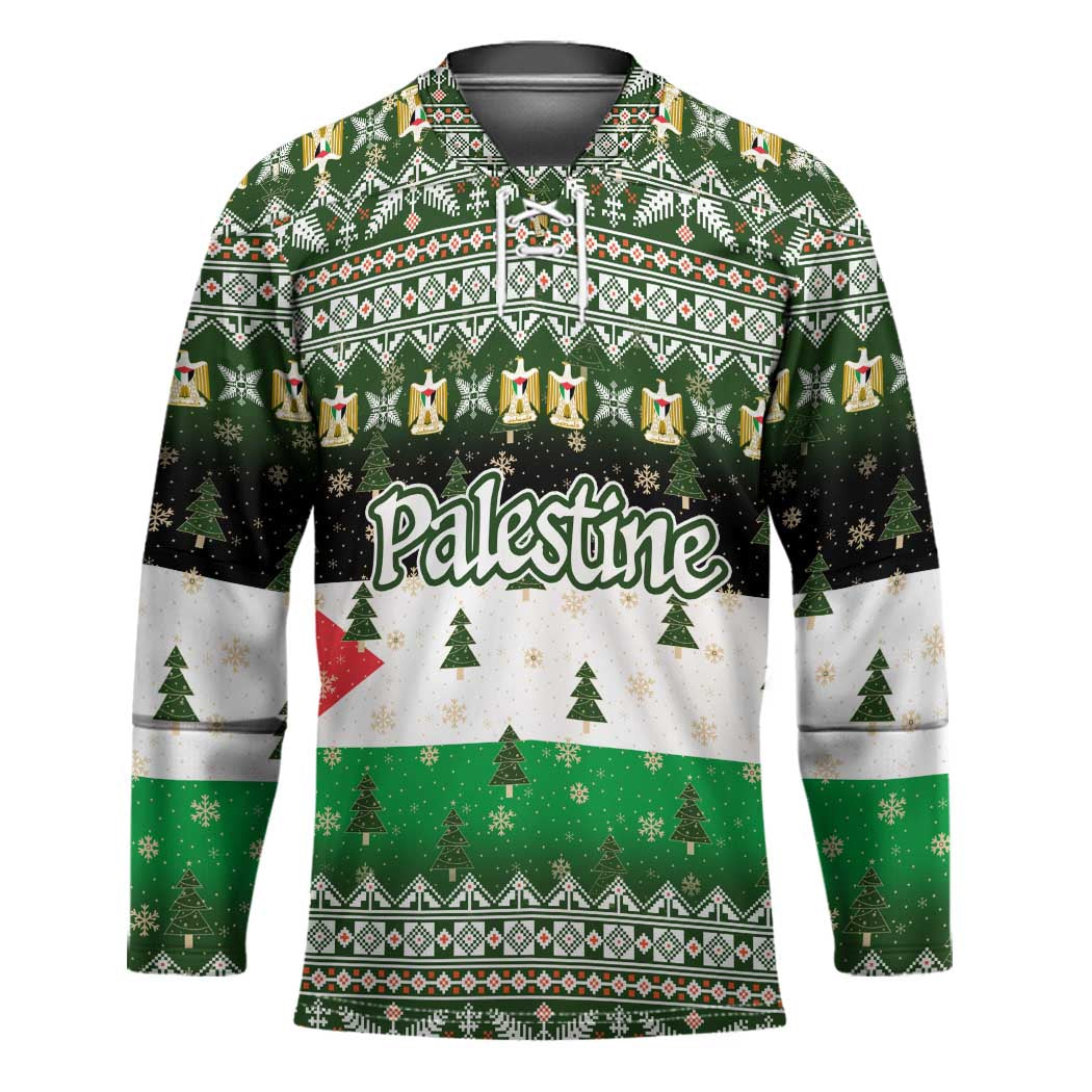 Palestine Christmas Hockey Jersey with Green-White Theme, Tree Ornaments, and Nativity Scene Motif - Wonder Print Shop