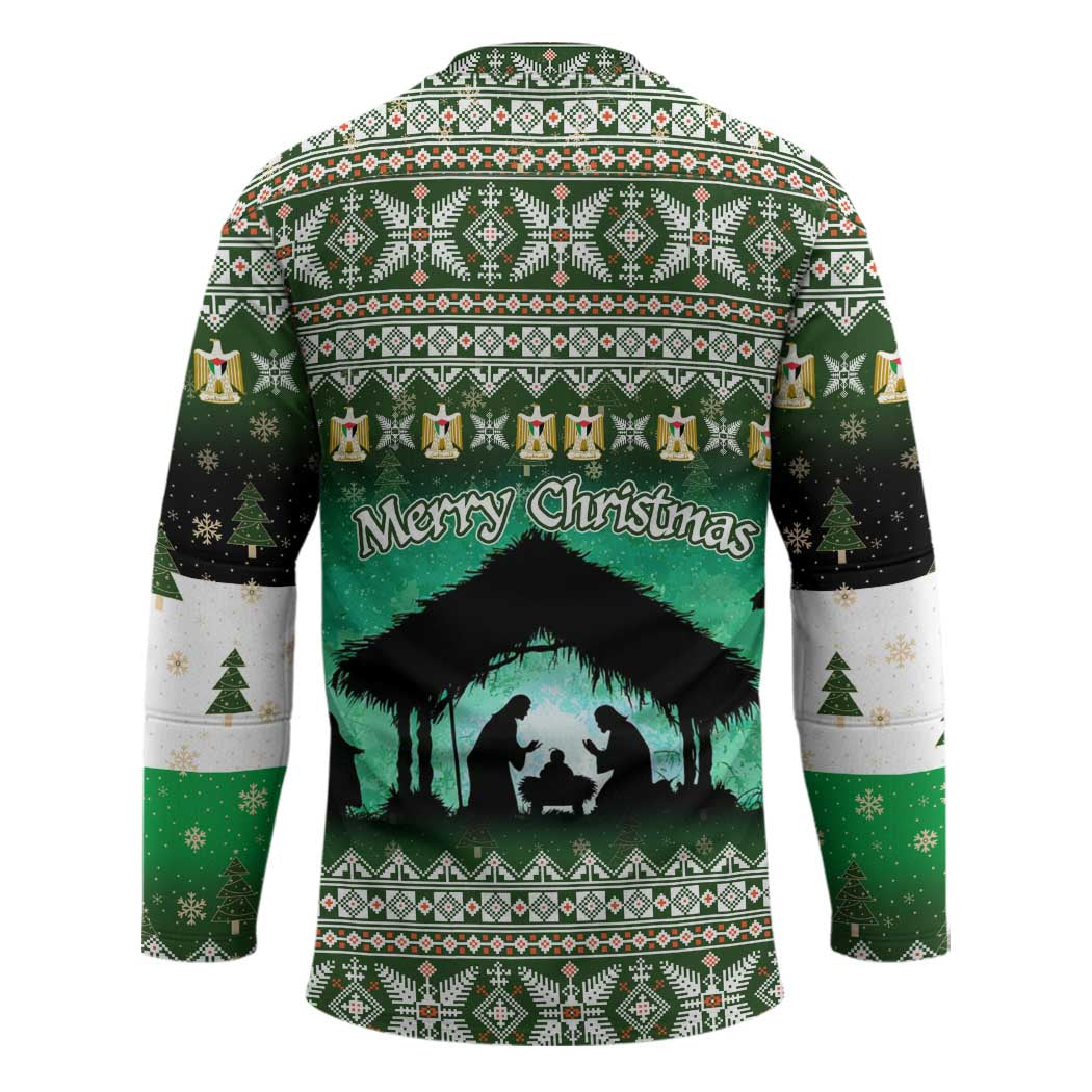 Palestine Christmas Hockey Jersey with Green-White Theme, Tree Ornaments, and Nativity Scene Motif - Wonder Print Shop