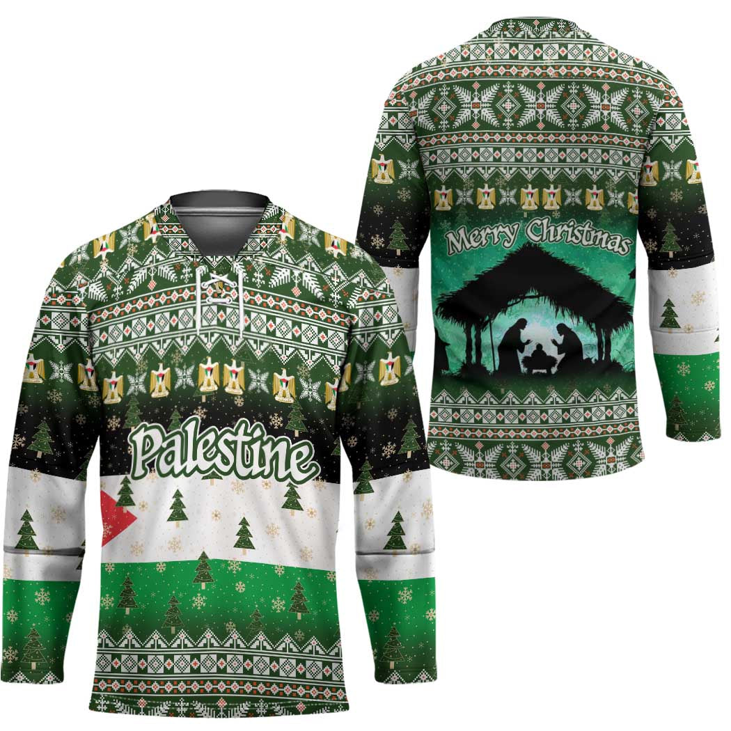 Palestine Christmas Hockey Jersey with Green-White Theme, Tree Ornaments, and Nativity Scene Motif - Wonder Print Shop