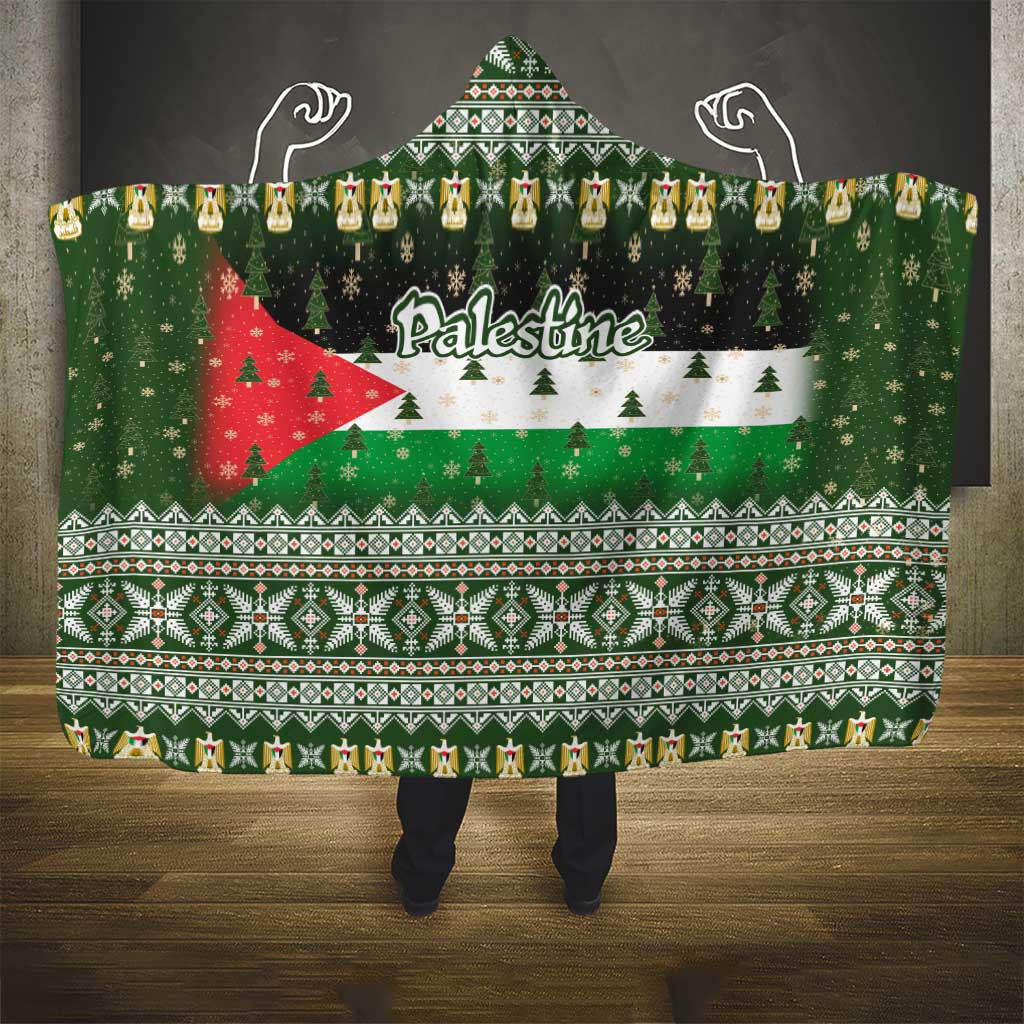 Palestine Christmas Hooded Blanket with Green-White Theme, Tree Ornaments, and Nativity Scene Motif - Wonder Print Shop