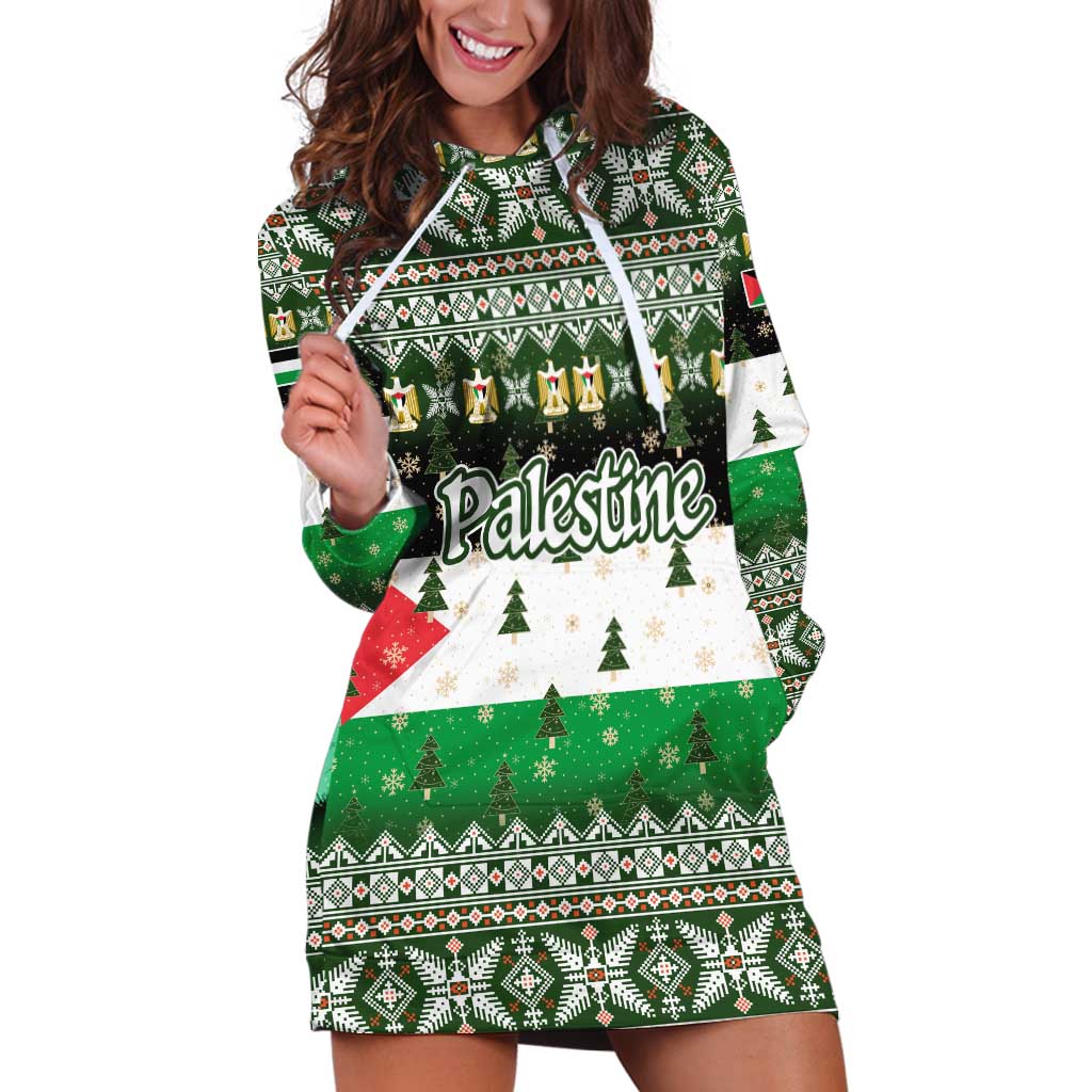 Palestine Christmas Hoodie Dress with Green-White Theme, Tree Ornaments, and Nativity Scene Motif - Wonder Print Shop