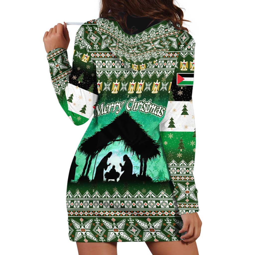 Palestine Christmas Hoodie Dress with Green-White Theme, Tree Ornaments, and Nativity Scene Motif - Wonder Print Shop