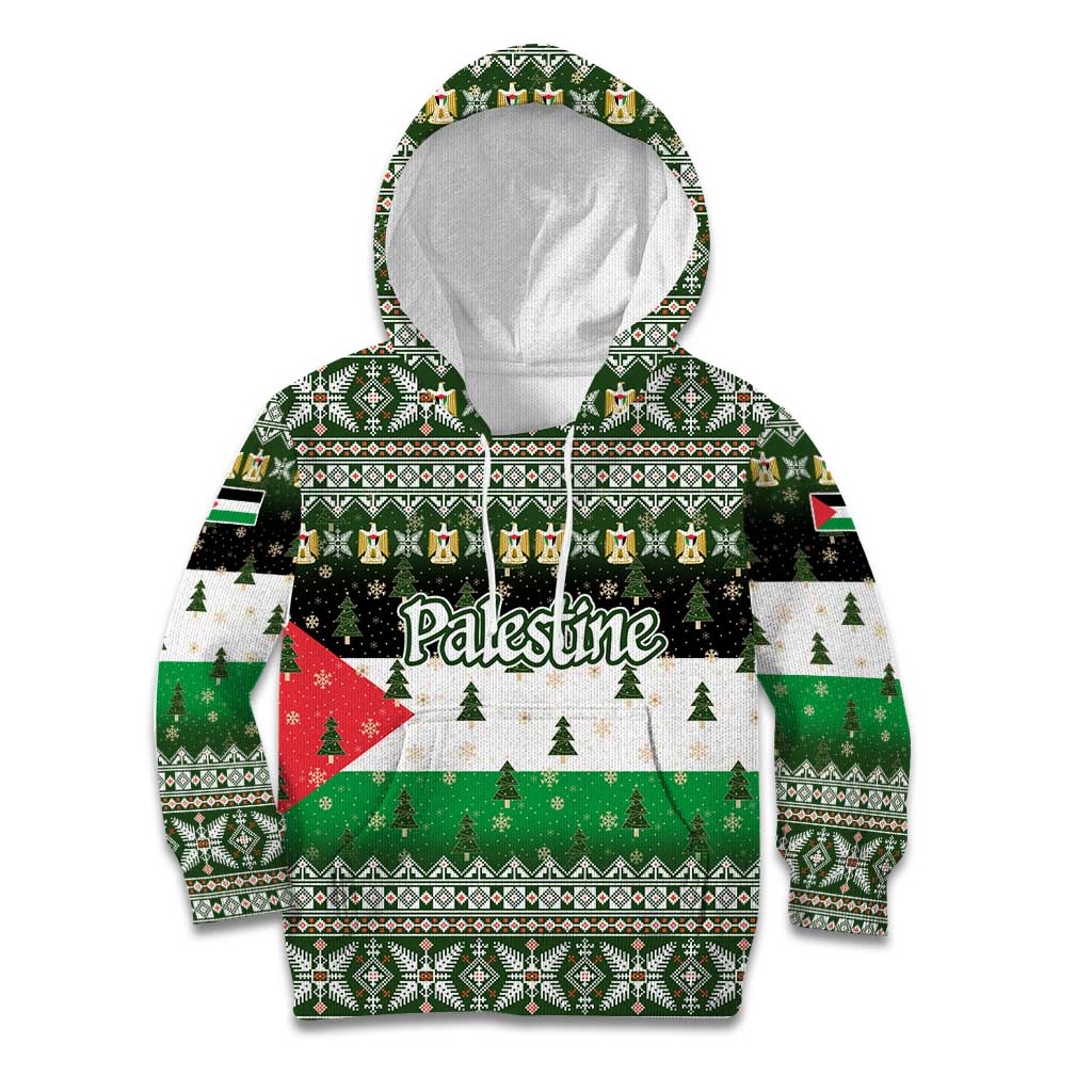 Palestine Christmas Kid Hoodie with Green-White Theme, Tree Ornaments, and Nativity Scene Motif - Wonder Print Shop