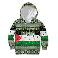 Palestine Christmas Kid Hoodie with Green-White Theme, Tree Ornaments, and Nativity Scene Motif - Wonder Print Shop