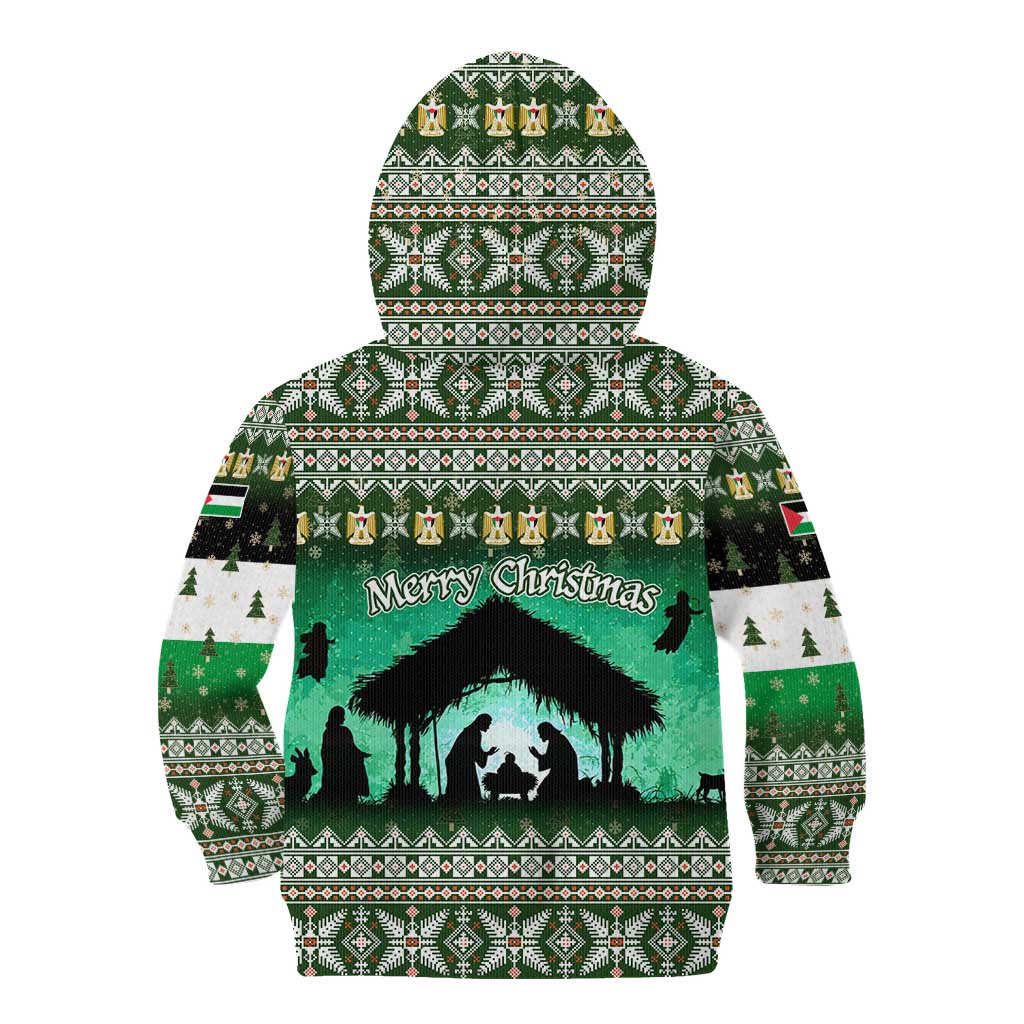 Palestine Christmas Kid Hoodie with Green-White Theme, Tree Ornaments, and Nativity Scene Motif - Wonder Print Shop