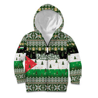 Palestine Christmas Kid Hoodie with Green-White Theme, Tree Ornaments, and Nativity Scene Motif - Wonder Print Shop