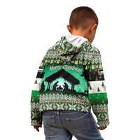 Palestine Christmas Kid Hoodie with Green-White Theme, Tree Ornaments, and Nativity Scene Motif - Wonder Print Shop