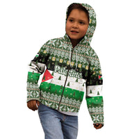 Palestine Christmas Kid Hoodie with Green-White Theme, Tree Ornaments, and Nativity Scene Motif - Wonder Print Shop