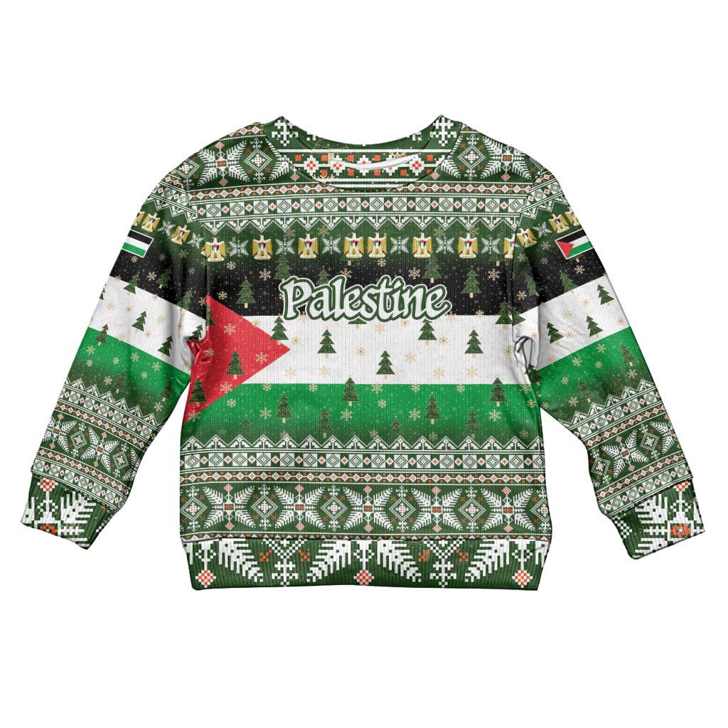 Palestine Christmas Kid Ugly Christmas Sweater with Green-White Theme, Tree Ornaments, and Nativity Scene Motif - Wonder Print Shop