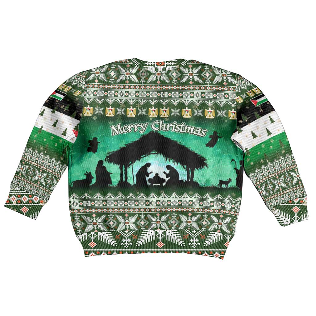 Palestine Christmas Kid Ugly Christmas Sweater with Green-White Theme, Tree Ornaments, and Nativity Scene Motif - Wonder Print Shop