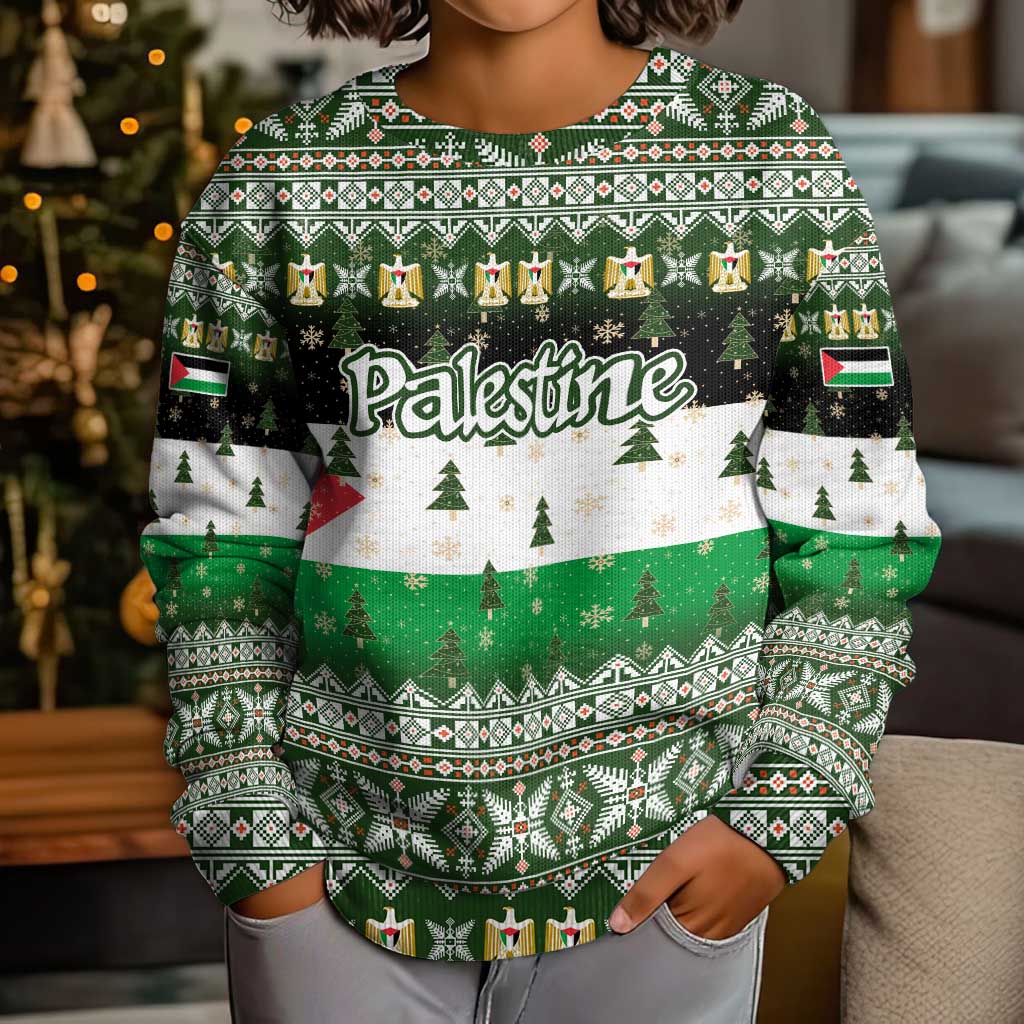 Palestine Christmas Kid Ugly Christmas Sweater with Green-White Theme, Tree Ornaments, and Nativity Scene Motif - Wonder Print Shop