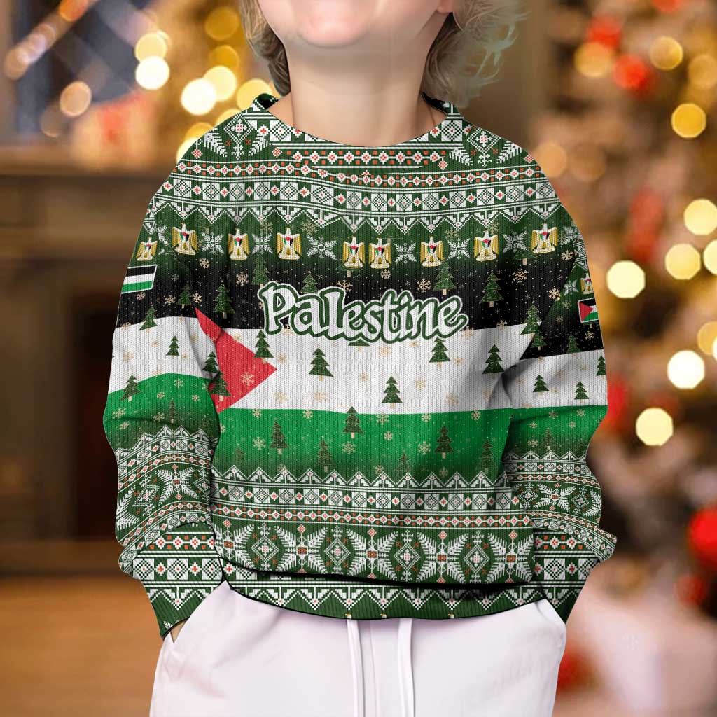 Palestine Christmas Kid Ugly Christmas Sweater with Green-White Theme, Tree Ornaments, and Nativity Scene Motif - Wonder Print Shop