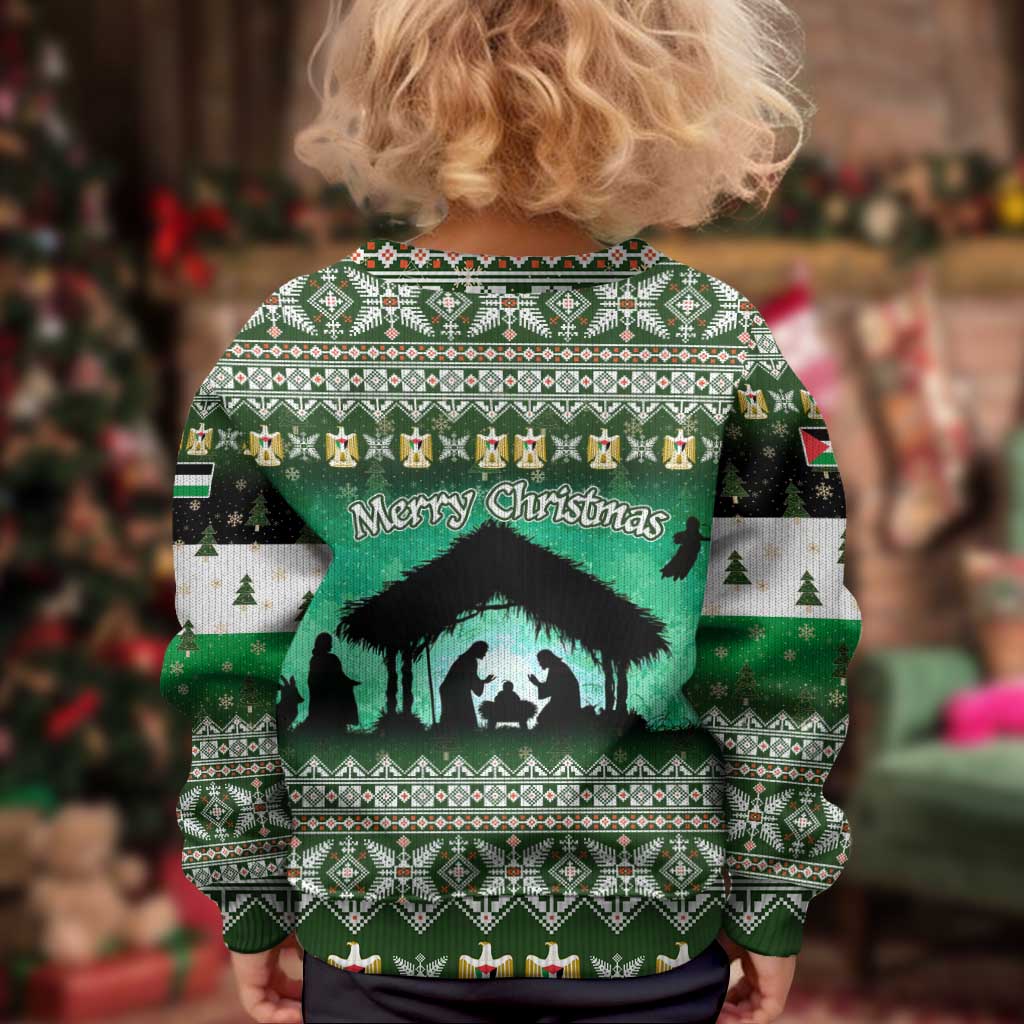 Palestine Christmas Kid Ugly Christmas Sweater with Green-White Theme, Tree Ornaments, and Nativity Scene Motif - Wonder Print Shop