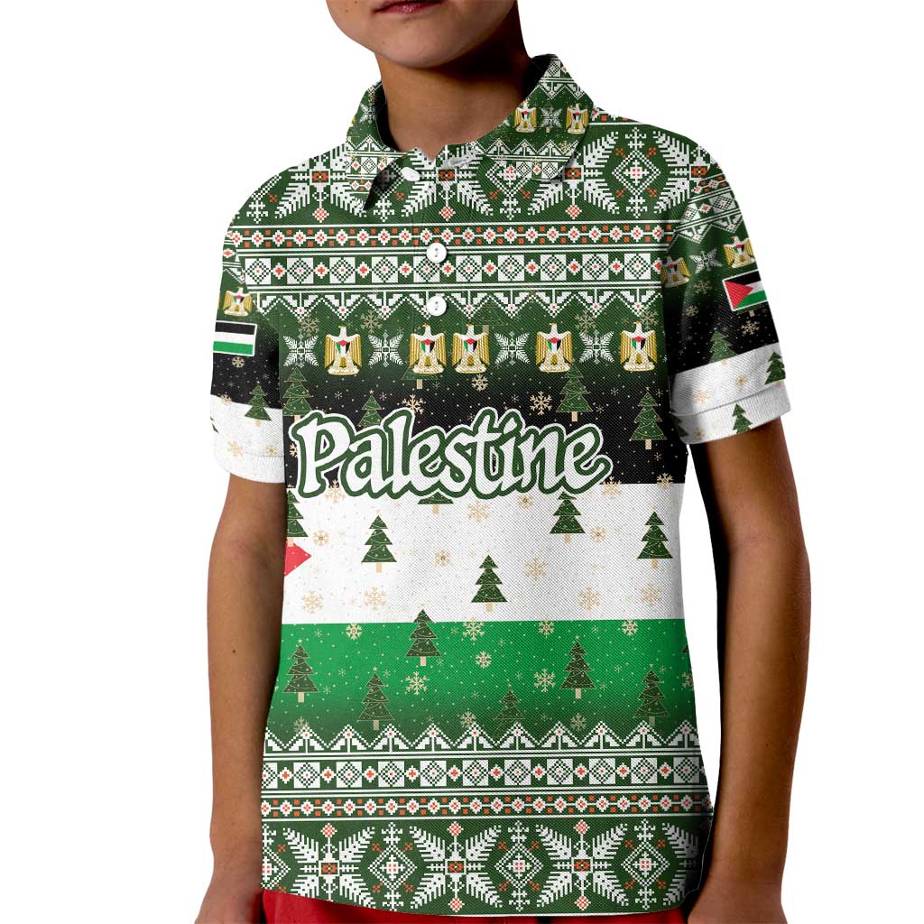Palestine Christmas Kid Polo Shirt with Green-White Theme, Tree Ornaments, and Nativity Scene Motif - Wonder Print Shop