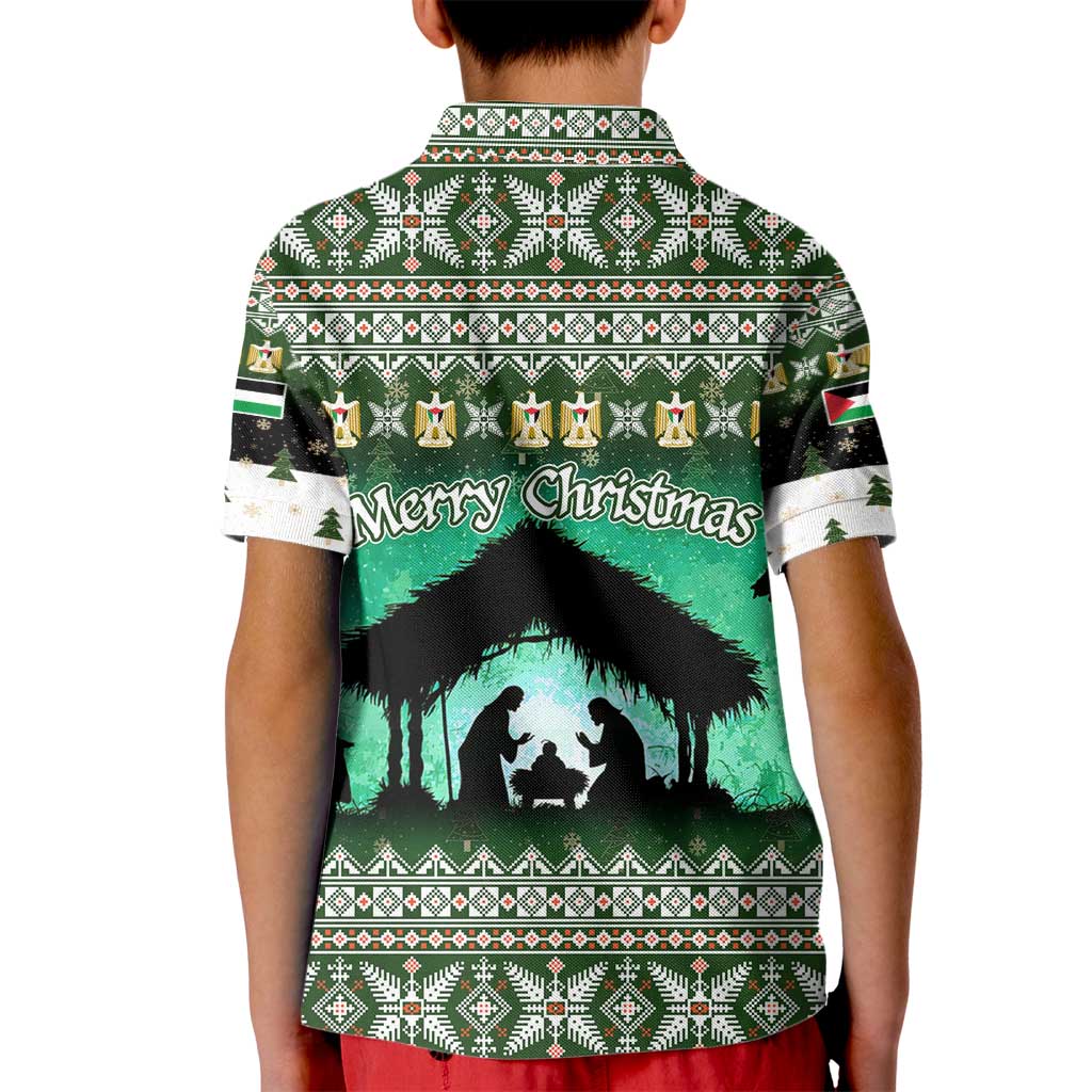 Palestine Christmas Kid Polo Shirt with Green-White Theme, Tree Ornaments, and Nativity Scene Motif - Wonder Print Shop