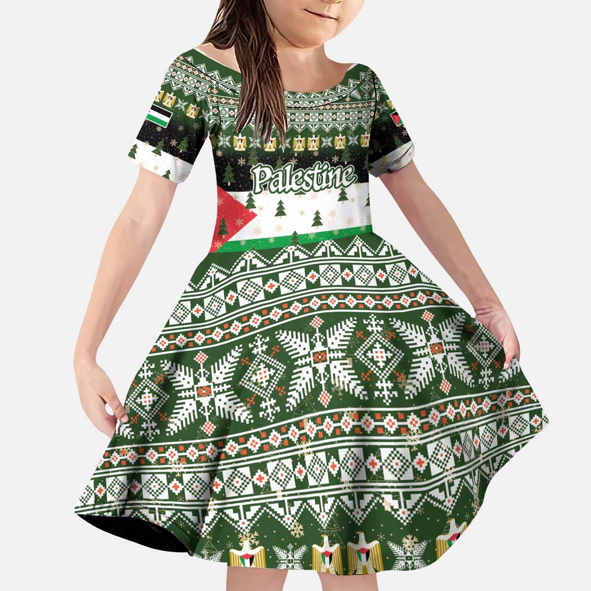 Palestine Christmas Kid Short Sleeve Dress with Green-White Theme, Tree Ornaments, and Nativity Scene Motif - Wonder Print Shop