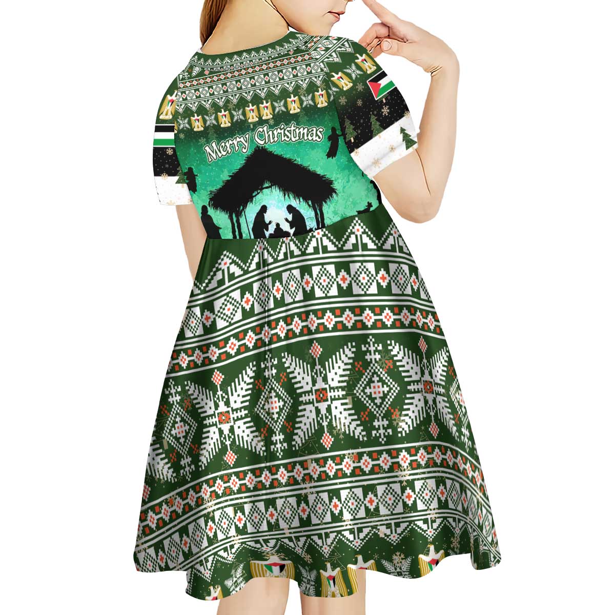 Palestine Christmas Kid Short Sleeve Dress with Green-White Theme, Tree Ornaments, and Nativity Scene Motif - Wonder Print Shop