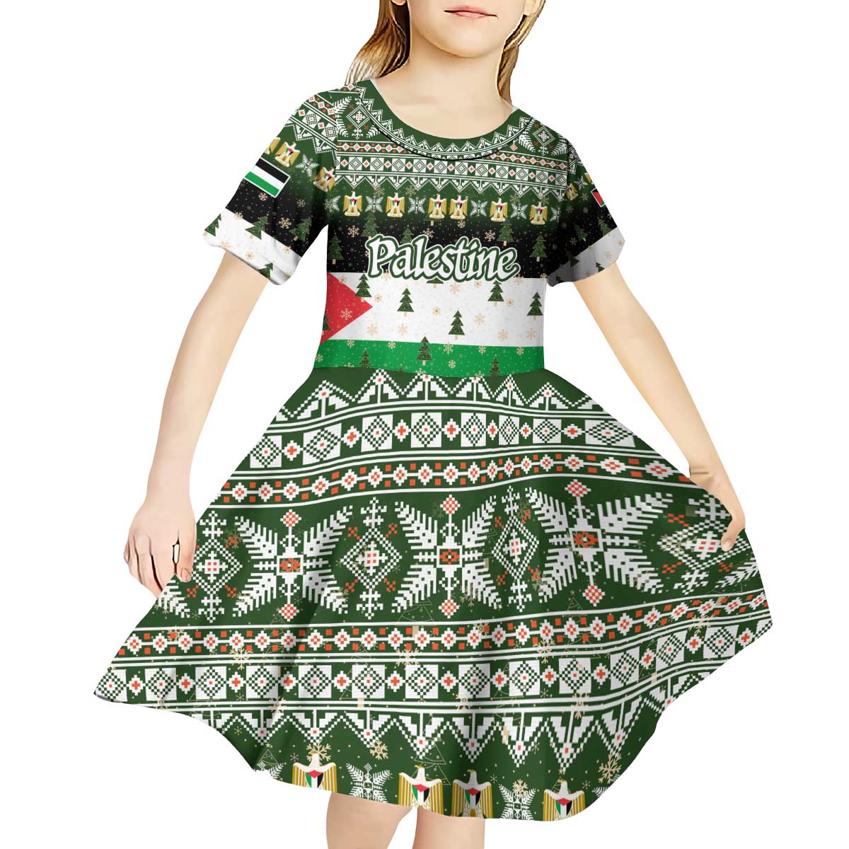 Palestine Christmas Kid Short Sleeve Dress with Green-White Theme, Tree Ornaments, and Nativity Scene Motif - Wonder Print Shop