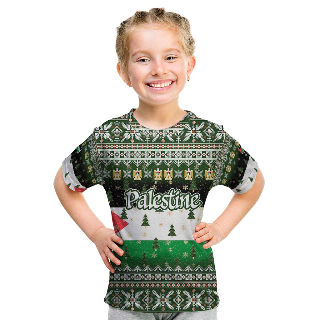 Palestine Christmas Kid T Shirt with Green-White Theme, Tree Ornaments, and Nativity Scene Motif - Wonder Print Shop