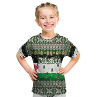 Palestine Christmas Kid T Shirt with Green-White Theme, Tree Ornaments, and Nativity Scene Motif - Wonder Print Shop