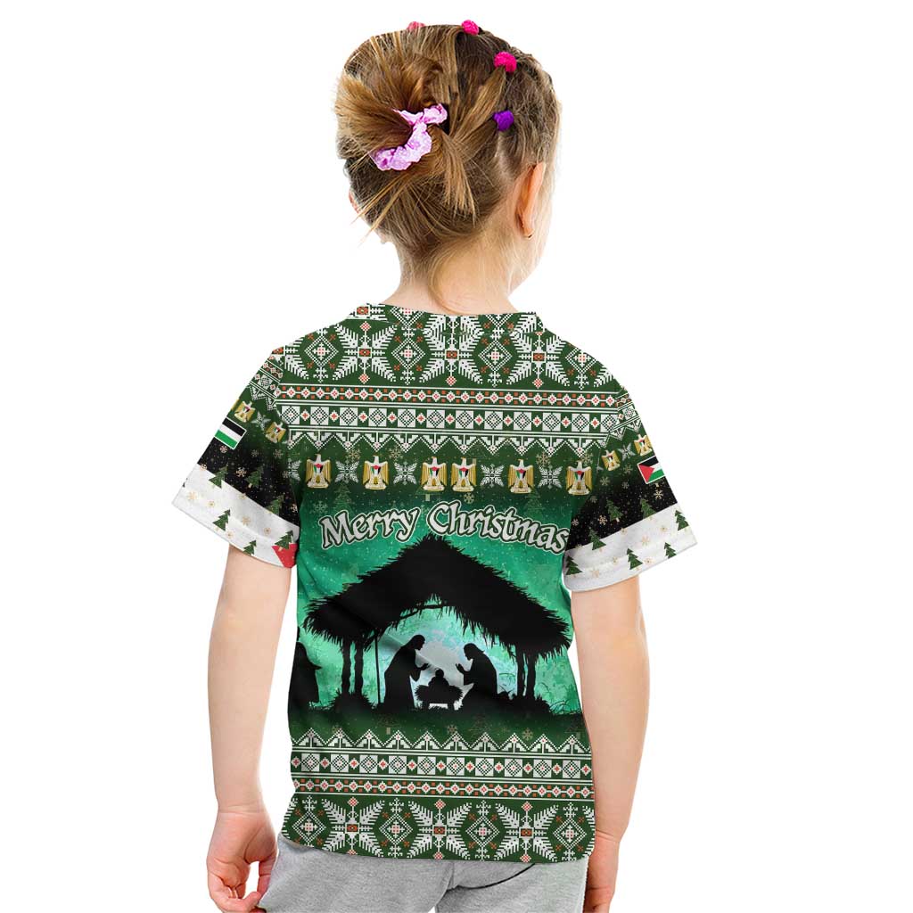 Palestine Christmas Kid T Shirt with Green-White Theme, Tree Ornaments, and Nativity Scene Motif - Wonder Print Shop