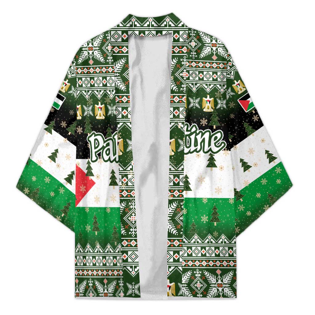Palestine Christmas Kimono with Green-White Theme, Tree Ornaments, and Nativity Scene Motif - Wonder Print Shop