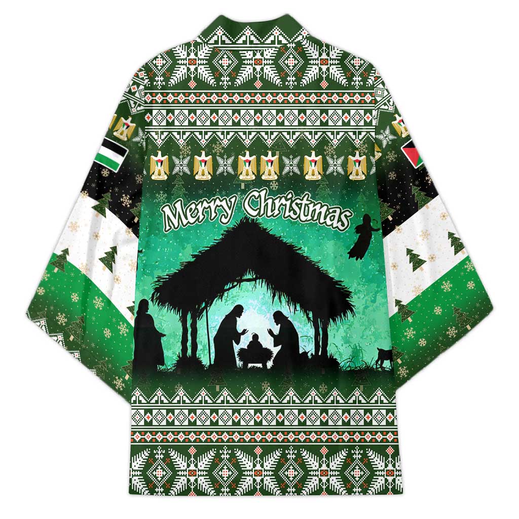 Palestine Christmas Kimono with Green-White Theme, Tree Ornaments, and Nativity Scene Motif - Wonder Print Shop
