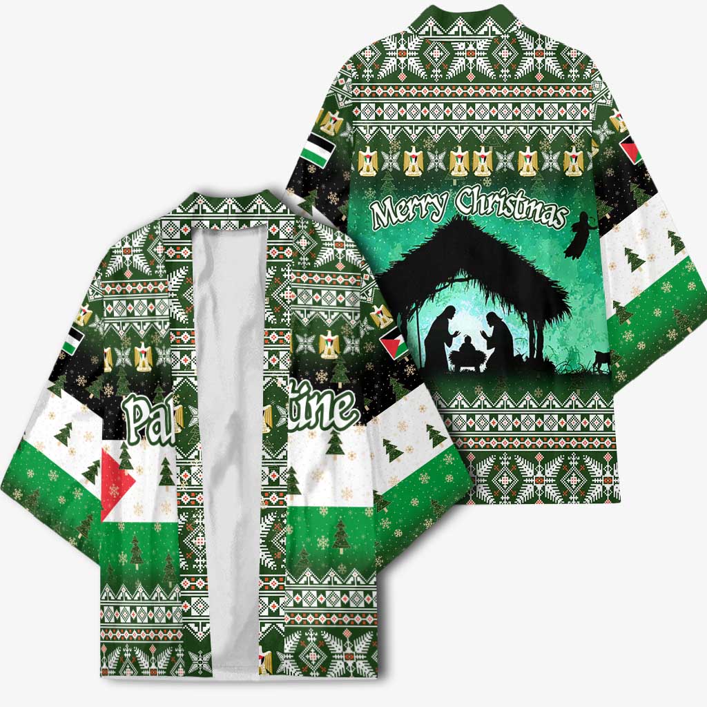 Palestine Christmas Kimono with Green-White Theme, Tree Ornaments, and Nativity Scene Motif - Wonder Print Shop