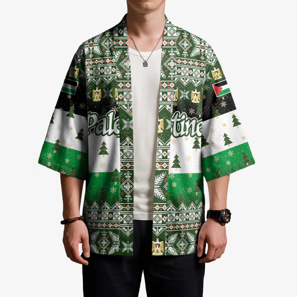 Palestine Christmas Kimono with Green-White Theme, Tree Ornaments, and Nativity Scene Motif - Wonder Print Shop