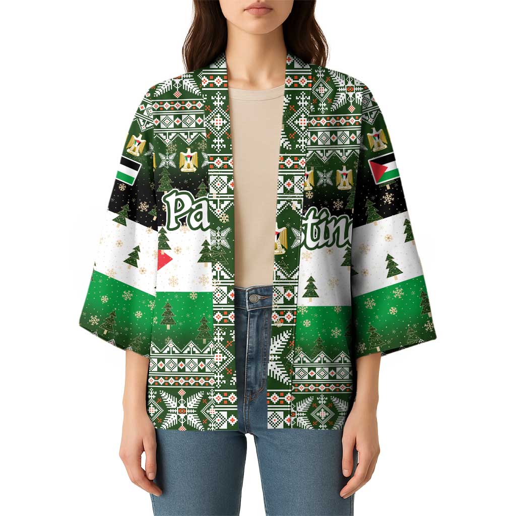Palestine Christmas Kimono with Green-White Theme, Tree Ornaments, and Nativity Scene Motif - Wonder Print Shop