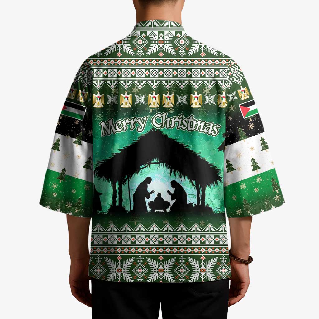 Palestine Christmas Kimono with Green-White Theme, Tree Ornaments, and Nativity Scene Motif - Wonder Print Shop