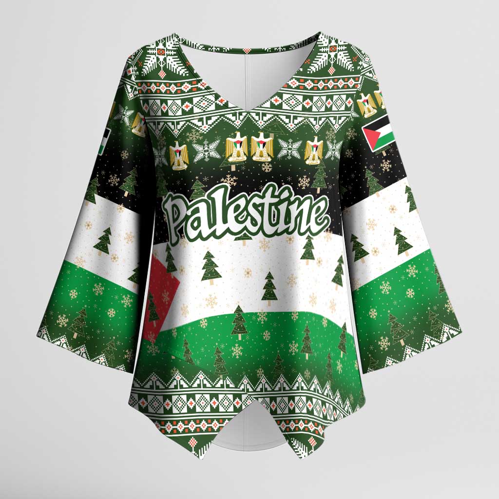 Palestine Christmas Kimono Sleeve Blouse with Green-White Theme, Tree Ornaments, and Nativity Scene Motif - Wonder Print Shop