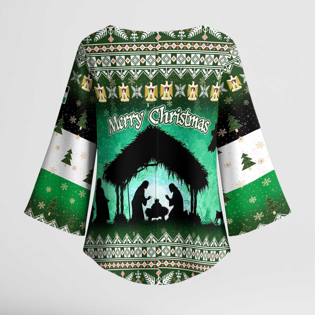 Palestine Christmas Kimono Sleeve Blouse with Green-White Theme, Tree Ornaments, and Nativity Scene Motif - Wonder Print Shop