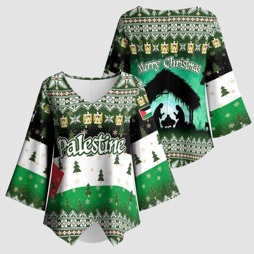 Palestine Christmas Kimono Sleeve Blouse with Green-White Theme, Tree Ornaments, and Nativity Scene Motif - Wonder Print Shop