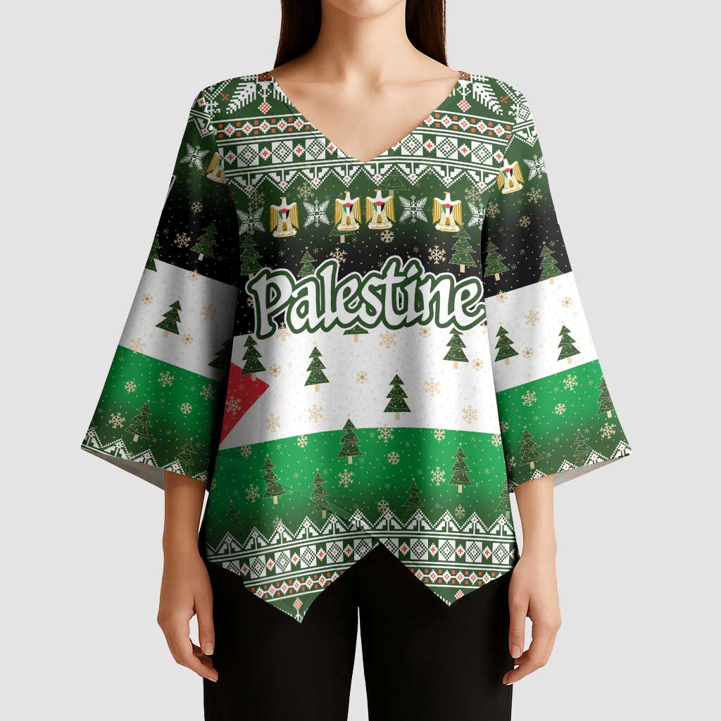 Palestine Christmas Kimono Sleeve Blouse with Green-White Theme, Tree Ornaments, and Nativity Scene Motif - Wonder Print Shop