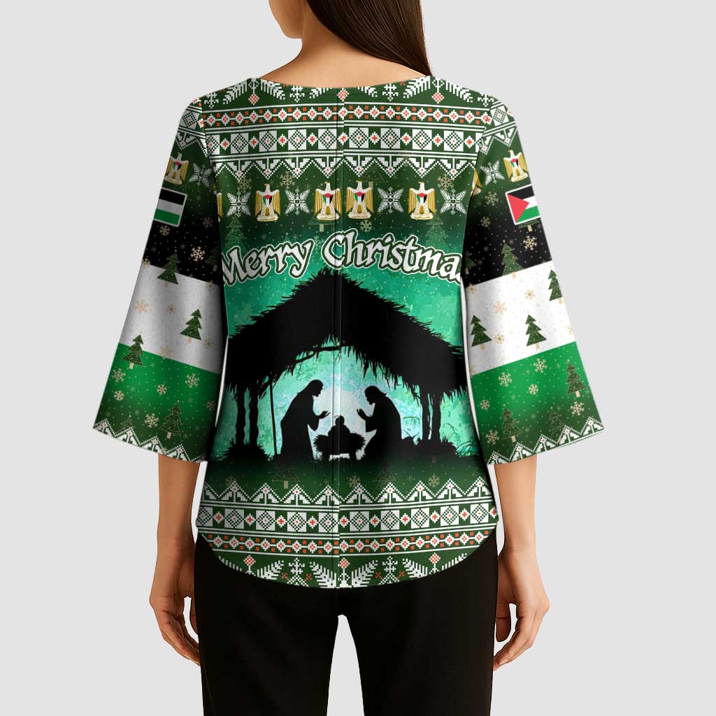 Palestine Christmas Kimono Sleeve Blouse with Green-White Theme, Tree Ornaments, and Nativity Scene Motif - Wonder Print Shop