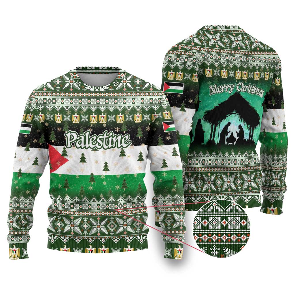 Palestine Christmas Ugly Christmas Sweater with Green-White Theme, Tree Ornaments, and Nativity Scene Motif - Wonder Print Shop