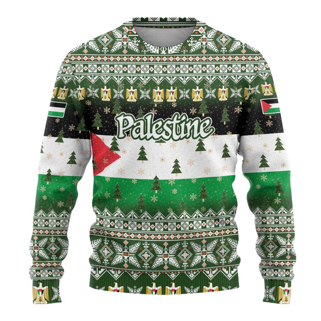 Palestine Christmas Ugly Christmas Sweater with Green-White Theme, Tree Ornaments, and Nativity Scene Motif - Wonder Print Shop